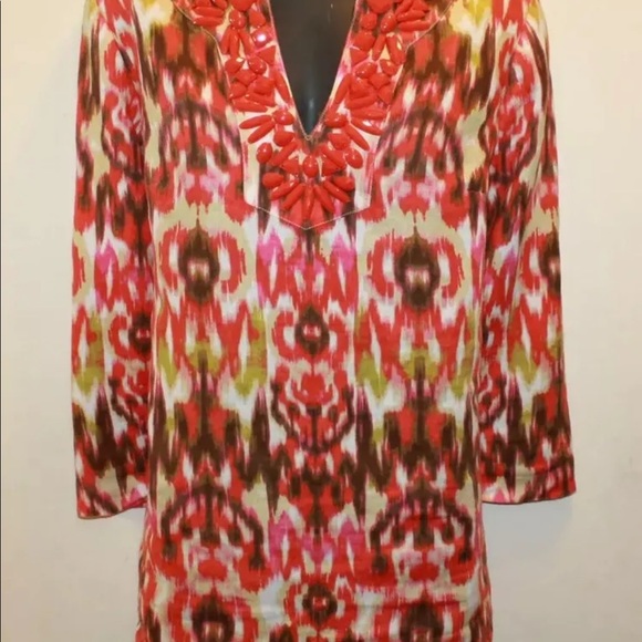 Jones New York Ladies Long Summer Sleeve Blouse Tie Dye Print with Red Beading - Picture 1 of 8